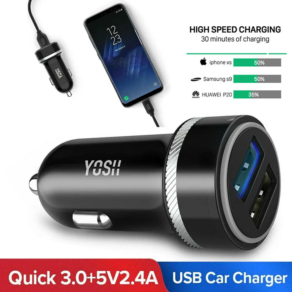 

YOSH Super Fast Car Charger Adapter 5V/4.8A QC3.0 Dual Port USB Cigarette Socket Charger For iPhone Samsung Huawei Xiaomi