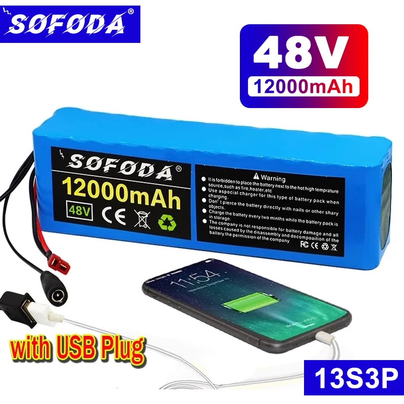 48V 12Ah 13S3P High Power Electric Motorcycle Battery Vehicle Litium Ion 18650 with BMS Protection USB Plug | Электроника