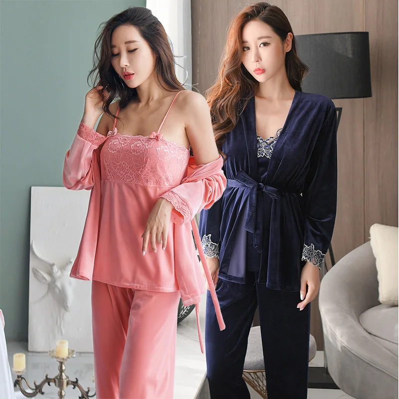 

3PCS Sexy Thick Warm Gold Velvet Kimono Pajama Sets for Women Winter Long Sleeve Sleepwear Homewear Pijama Mujer Three Piece Set