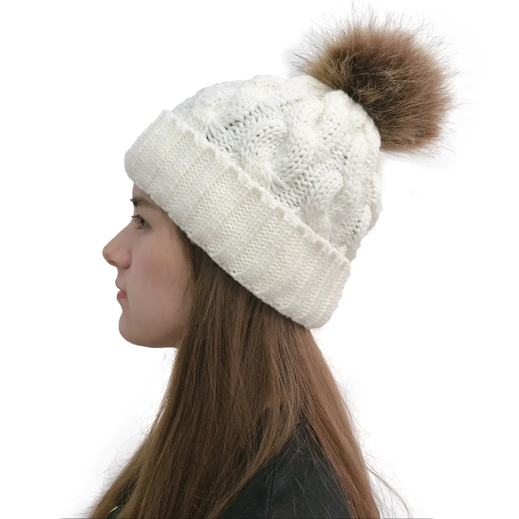 Лыжная Шапка, женская вязаная шапка с натуральным мехом, шапка с помпоном Skully Beanie, зимняя женская шапка, женская шапка T2 - Цвет: Белый