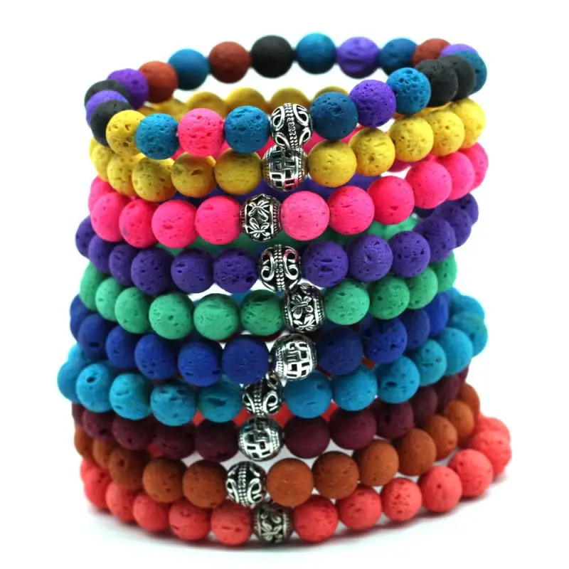 

2019 New Fashion Women Volcano Lava Balance Bead Natural Stone Charm Bracelet Elastic Rope Colored Stone Bracelets 10pcs TB002