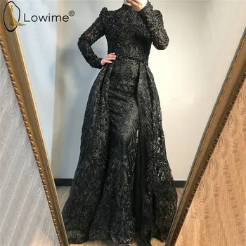 

Muslim Black Long Sleeve Evening Dresses 2020 High Neck Mermaid Lace Evening Gowns Robes De Soiree Arabic Dresses