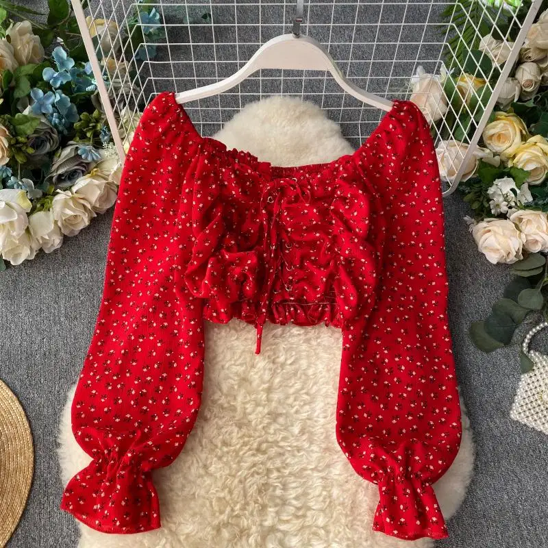 

Summer 2020 New Chic Sexy Slash Neck Long Puff Sleeve Flower Print Short Crop Tops Women Chiffon Blouse Blouse G1665