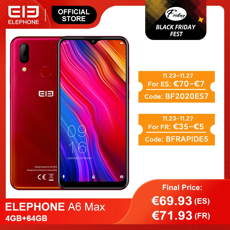 Смартфон ELEPHONE A6 MAX 4 + 64 ГБ экран 6 53 '' процессор MT6762V фронтальная камера 20 МП