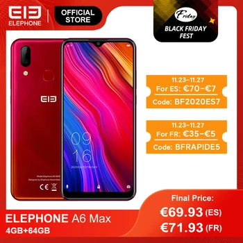 

ELEPHONE A6 MAX 4GB 64GB Smartphone 6.53'' Screen MT6762V 20MP Front Camera Face Fingerprint Unlock Mobile Phones Android 9.0