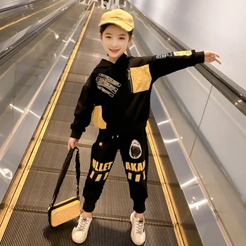 

Cuhk Children's Hooded Set Kids Graffiti Letters Print Sweatshirt+Pants Two Piece Casual Girls Tracksuit Cotton Blend Girl Suit