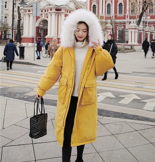 Зимняя куртка-пуховик из хлопка парки с капюшоном Mujer искусственный меховой воротник длинный зимняя куртка Для женщин теплая верхняя одежда в Корейском стиле больших размеров пальто - Цвет: yellow