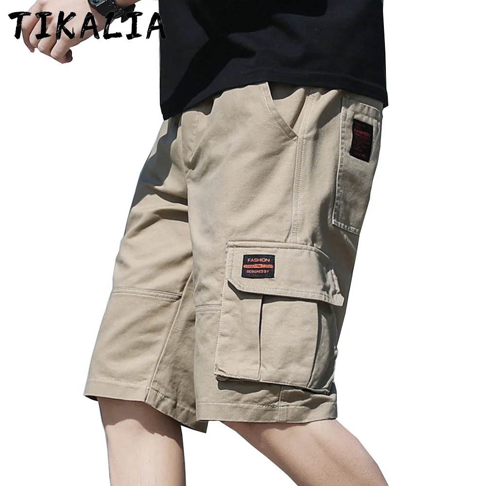 Pantalones cortos de algodón para hombre, Shorts informales de trabajo hasta la rodilla con múltiples bolsillos, Bermudas con cordón de moda para verano 2021