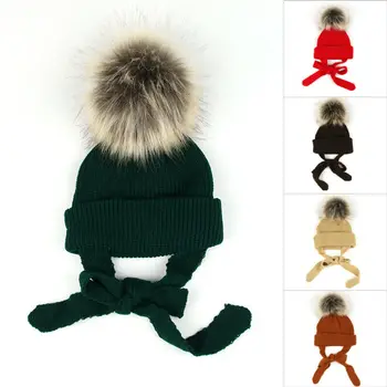

Fashion Winter Outdoor Ski Baby Girl Boy Earmuffs Hat Children's Hair Ball Knitted Warm Yarn Cap Earflaps Red Green Gray 0-4T