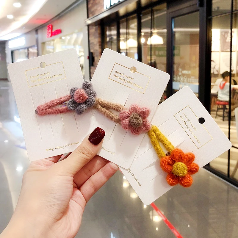 Children Cute Knitting Plush Flowers Hairpins Girls Colors Hollow Headbands Barrettes Hair Clips Kids Lovely Hair Accessories