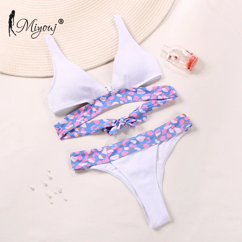 Miyouj Deep V Neck Bikini Floral Print Swimsuit Biquinis Feminino NEW Bow Swimwear Lace Up Bikini Set Bathing Suit Women Bikins blue bikini set