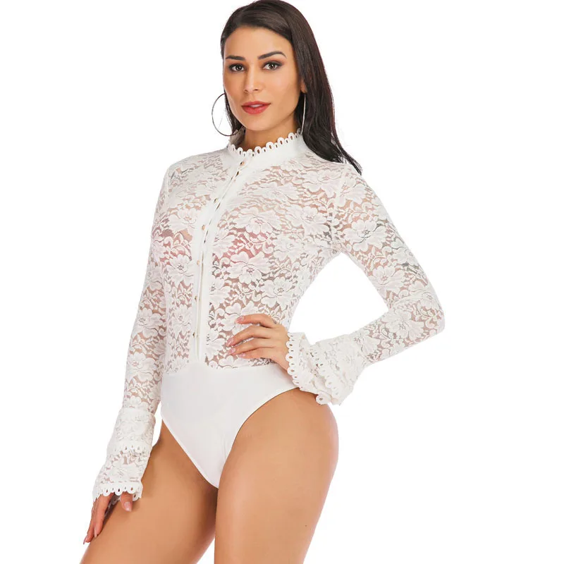 Сексуальное Кружевное боди с оборками IDress, женские Топы с длинным рукавом белого и черного цвета, женские осенние костюмы с цветочным кружевом, топы для подвижных игр