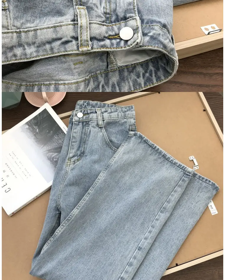 Light Blue Denim Trousers Vintage Wide Leg Pants Women Korean Straight Long Pants High Waist Casual Loose With Belt 2020 Autumn paige jeans