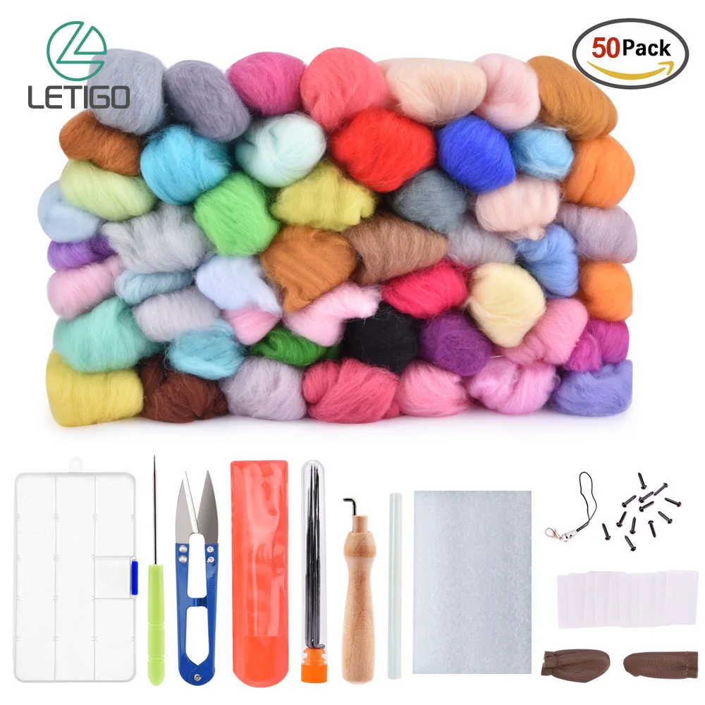 

50 Colors Wool Felt Tool Kit Needle Felting Animal Needle Set Wool Felt Spinning Fiber Needlework Sewing Felt for Craft Supplies