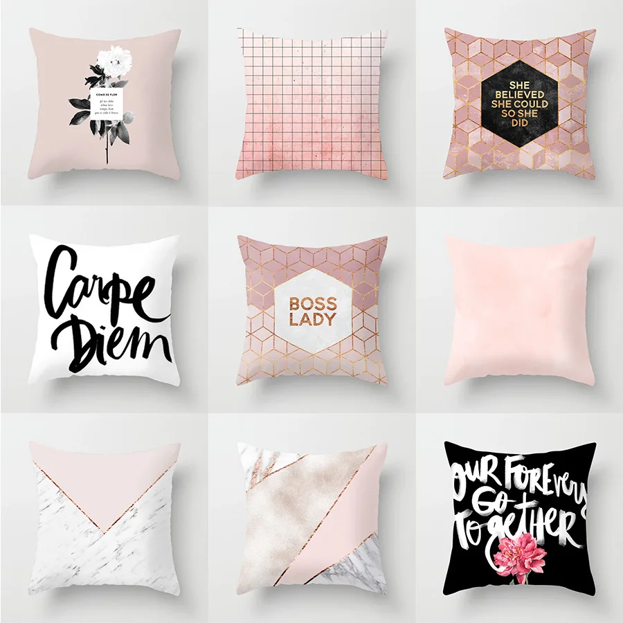 

Geometry Pillow Case Cover Pink Flower Letter Polyester Ins Home Decorative Accessories 45x45cm