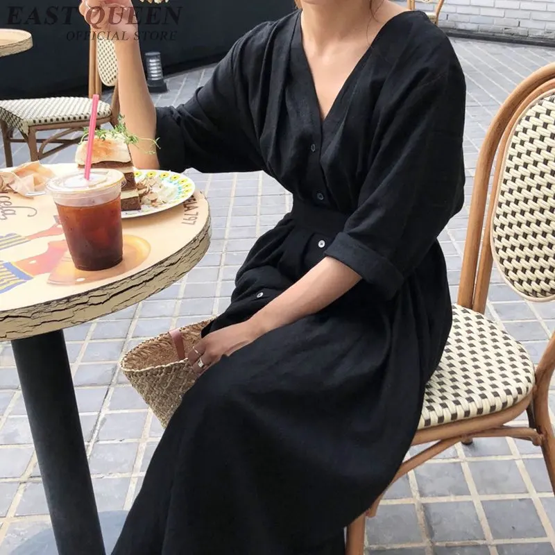 

Женское винтажное платье-туника, длинное свободное повседневное платье с поясом и v-образным вырезом, модель DD2257 на осень и весну, 2019