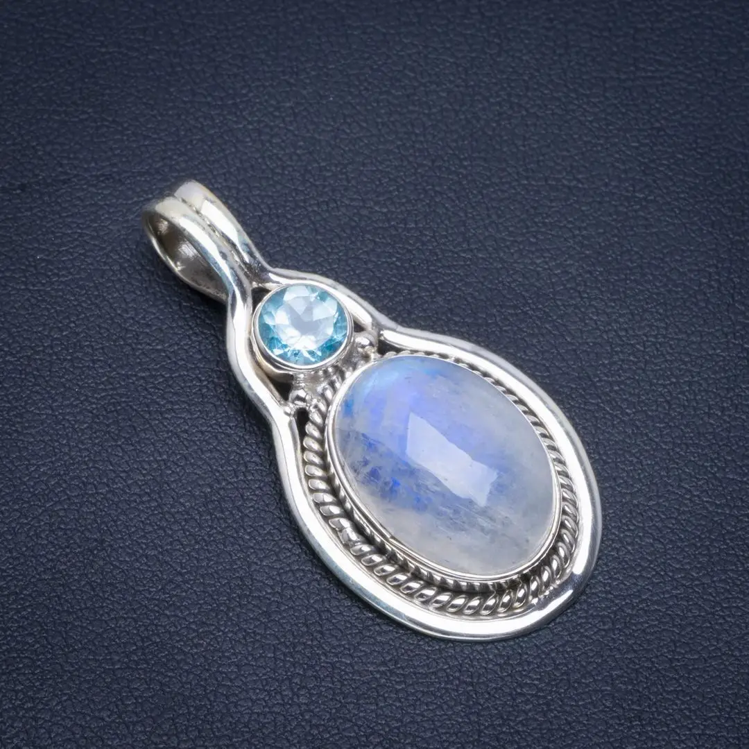 

Natural Rainbow Moonstone and Blue Topaz Handmade Unique 925 Sterling Silver Pendant 1.75" B3031