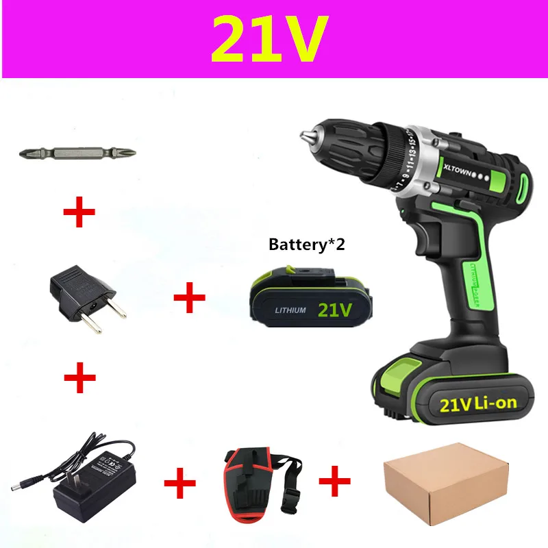XLTOWN 12/16. 8/21v аккумуляторная электрическая дрель с 2 Батарея Перезаряжаемые литий Батарея многофункциональная электрическая отвертка инструменты - Цвет: 21V A