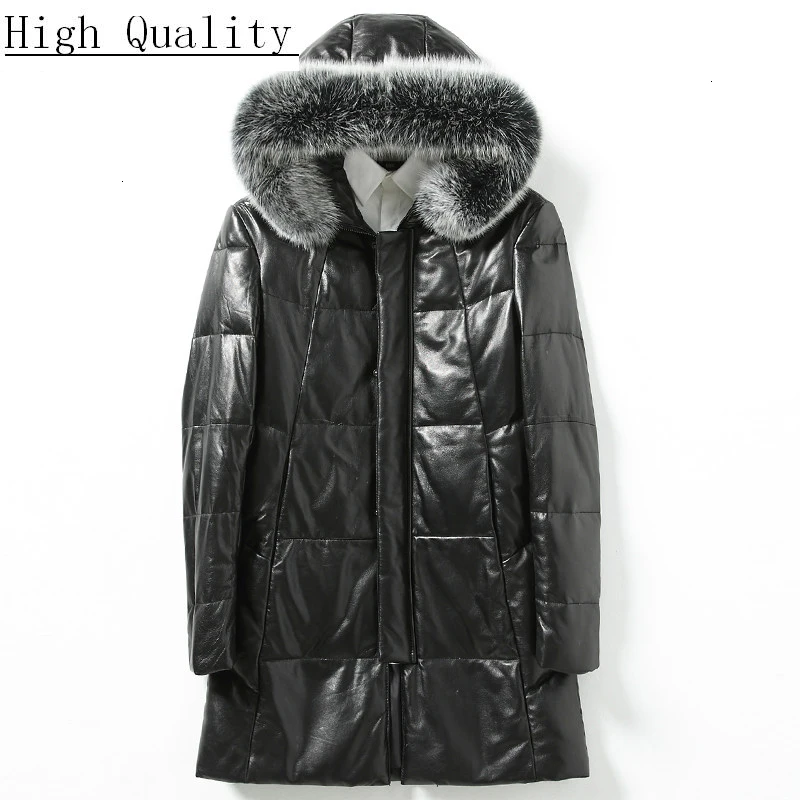 

Men's Sheepskin Coat Genuine Leather Winter Duck Down Jacket Men Fox Fur Collar Hooded Long Coat Men Jacket 726 KJ1448