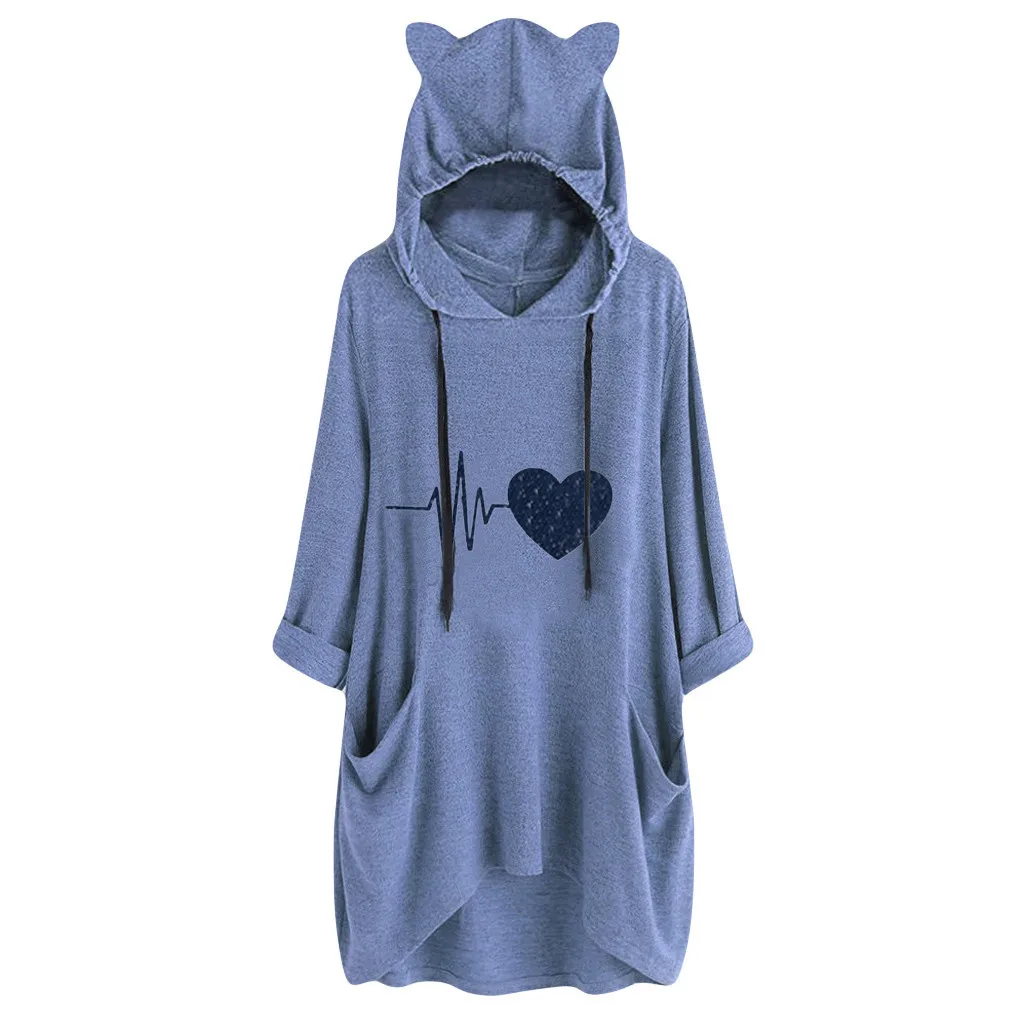 Kawaii Heartbeat/женские толстовки с капюшоном в стиле Харадзюку с карманом, повседневные свободные топы для девочек, пуловер с кошачьими ушками # B