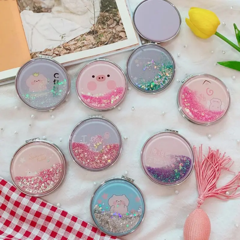 

Women Girls Portable Mini Makeup Pocket Mirror Glitter Sequins Quicksand Cute Cartoon Pig Double Sided Folding Makeup Tool Gift