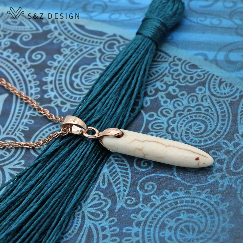 S&Z DESIGN New Fashion Vintage Synthetic Turquoises Dangle Earrings Jewelry Sets For Women 585 Rose Gold Color Party Necklace