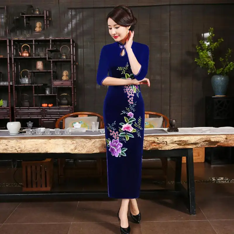 Китайское женское современное платье Qipao большого размера 3XL 4XL сексуальное длинное платье Чонсам с вышитым цветком велюровое Vestidos Вечернее платье - Цвет: StyleA 2