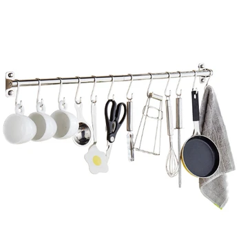 

Diy Stainless Steel Kitchen Rack Wall Mounted Kitchen Hanger Bathroom Holder Hanging Rod Organizer Multi-Function Rod with Hook