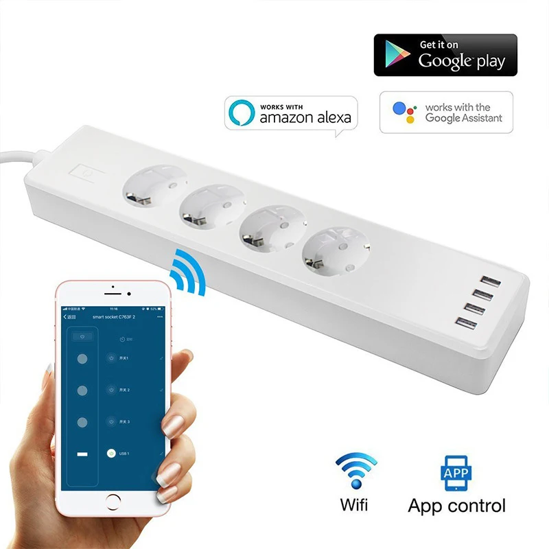 Wifi Smart Power Strip 4 EU Outlets Plug With 4 USB Port Timing App Voice Control Work With Amazon Alexa And Google Assistant