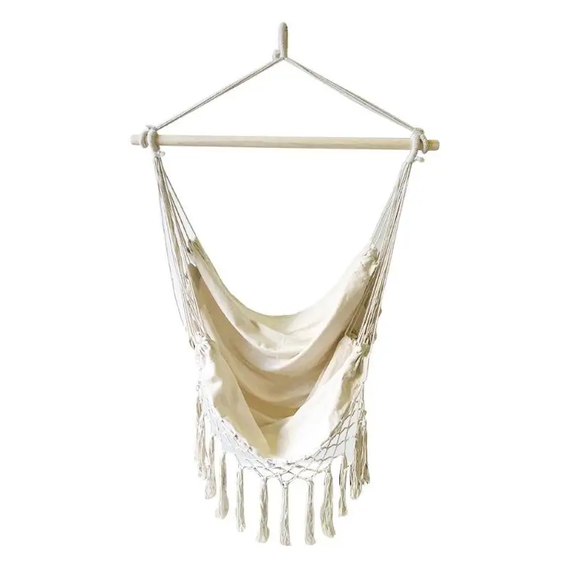 

Beige Hanging Tassels Hammock Bohemia Style Cotton Rope Net Chairs Comfortable Portable for Outdoor Indoor Garden Bedroom Seats