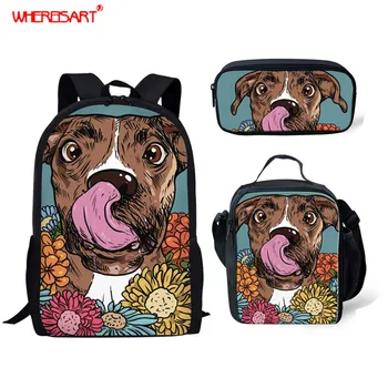 

WHEREISART 3Pcs/Sets Pets Dog Pattern Book Bag Floral Bulldog Printed School Backpack for Kids High School Bags with Pencil Case