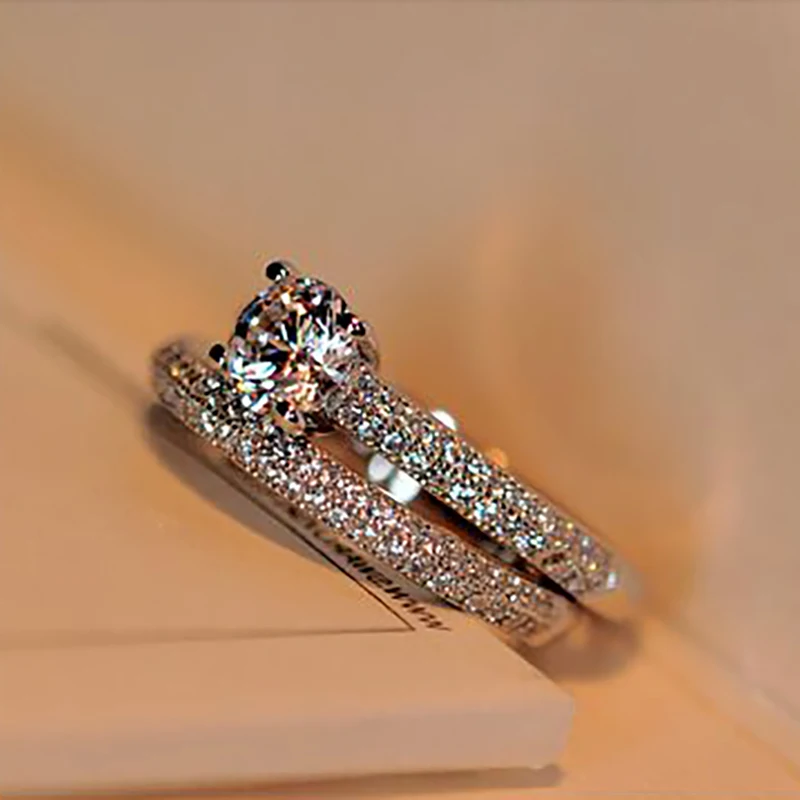 Vintage Female Crystal Round Wedding Ring Set Fashion Black Gold Bridal Engagement Ring Promise Zircon Stone Rings For Women