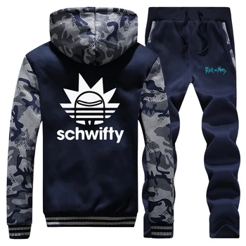 

New Winter 2019 Mens Camouflage Coat Thick Cartoon Rick And Morty Hoodies Fashion Streetwear Suit Warm Jackets+2 Piece Set Pants