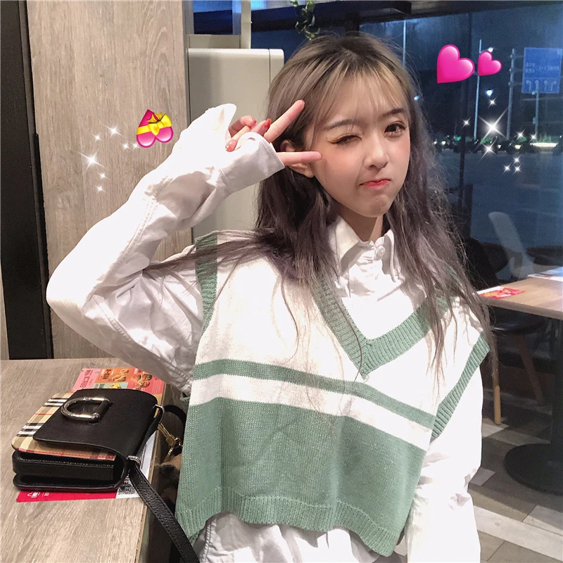 Жилеты женские с v-образным вырезом в полоску Kawaii Harajuku корейский стиль трикотажные студенческие простые универсальные повседневные женские пуловеры шикарные Горячие - Цвет: 2