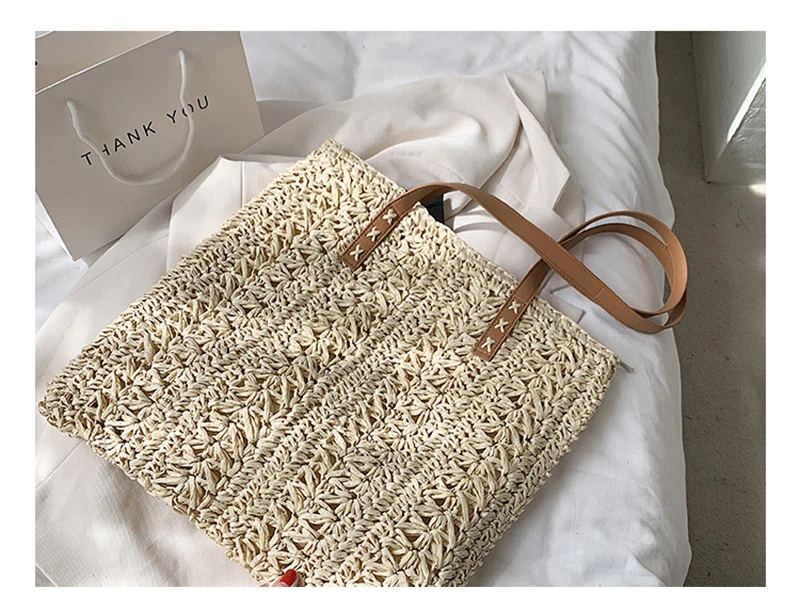 Patterned Straw Tote Bag for Leather Strap for Summer 2021