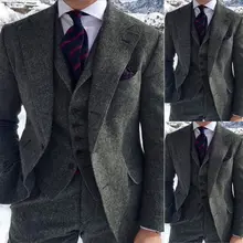 Men's Grey Herringbone Wool Suits 3 Piece Tweed Blend Vintage Peaky Blinder Groom Dress Tuxedos Prom Suit