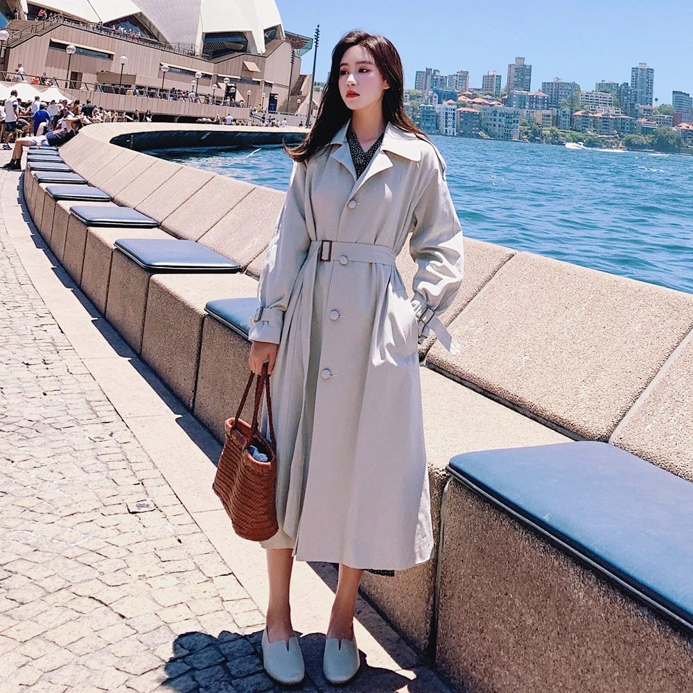 

Photo Shoot 2019 Spring New Style Korean-style Plaid Coat-Style Retro British Style Waist Hugging Long Pattern Trench Coat Women