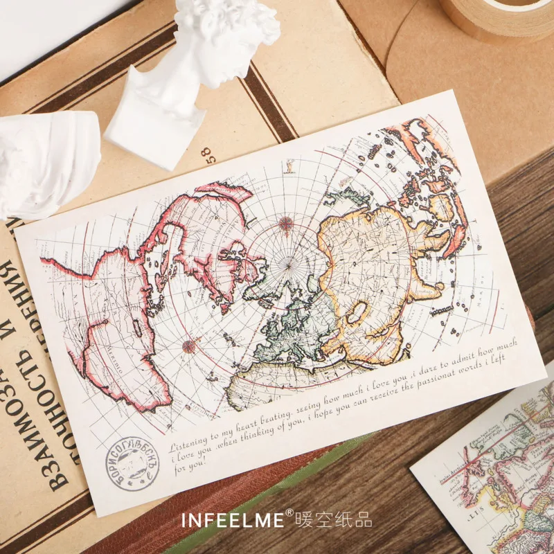 30pcs Retro World Travel Map Postcard Writable Decoration Cards Journal Wall Sticker Photo Props Greeting Paper Stationery Gift