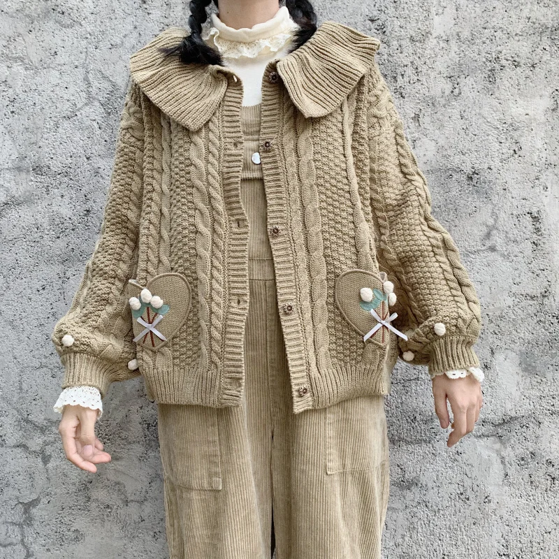 Mori Girl Kawaii кардиган для женщин трикотаж Лолита Цветочное сердце вышивка вязаный свитер пальто Винтаж Твист желтый Pull Femme