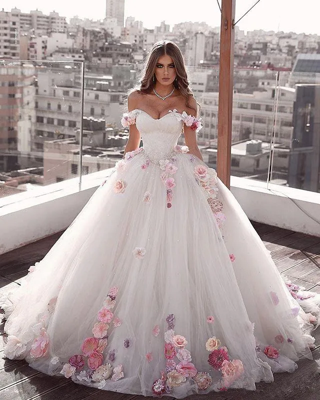 Гламурные свадебные платья принцессы платье для помолвки А-силуэт цветы ручной работы тюль невесты платье Плюс Размер Свадебные платья