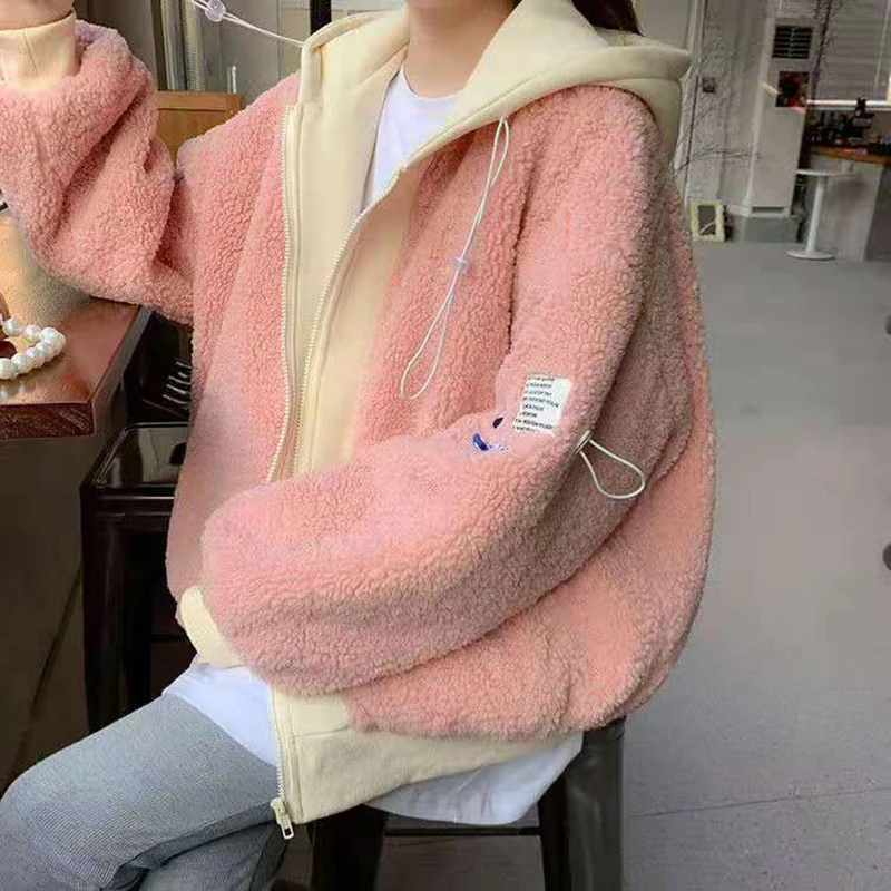 Pink Zipper Lamb Wool Women Coat Fake Two piece Warm Plush Loose Overcoat 2023 Winter Thicken