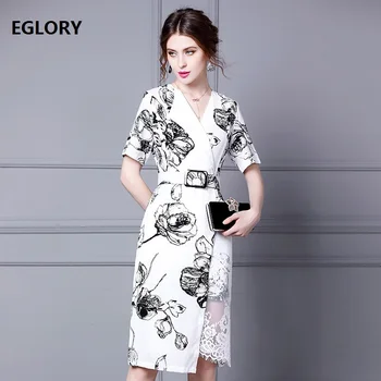 

2020 Summer Fashion Bodycon Dress High Quality Women V-Neck Color Block Floral Print Sexy Sheer Lace Patchwork Sexy Pencil Dress