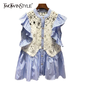 

TWOTWINSTYLE Hollow Out Striped Shirt For Women O Neck Sleeveless Patchwork Ruffle Hit Color Blouse Top Female Sweet Fashion New