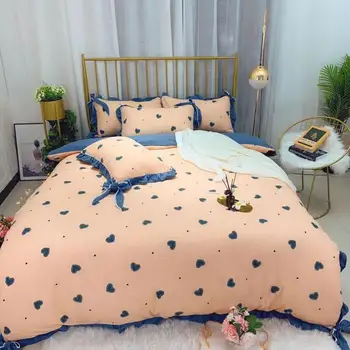 

Blue heart Bedding Set bow-knot Bed Set Queen Size Bed Sheet Khaki Duvet Cover Set Folded edge pillowcases Bed Linen Bedding