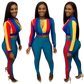

Women Autumn Two Piece Set Long Sleeve Crop Top And Skinny Pants Suit Striped Sexy Club Outfits