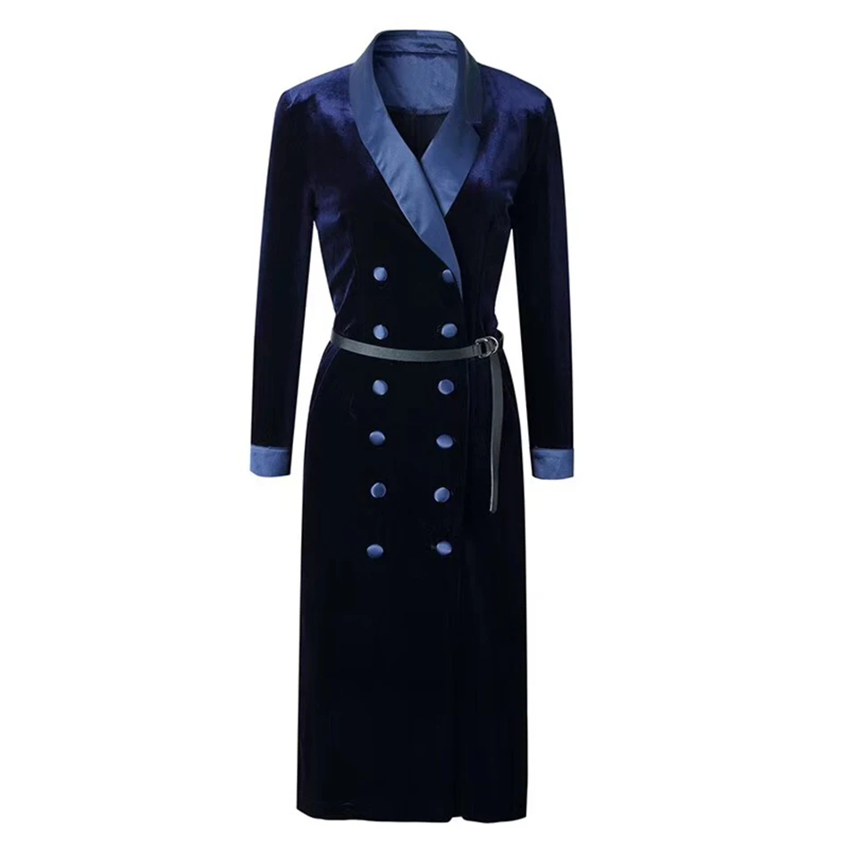 Amily. c платье высокого качества Осенняя модная куртка длинный рукав v-образный вырез пуговица темно-синий бархат строчка тонкий пояс платье - Цвет: Тёмно-синий