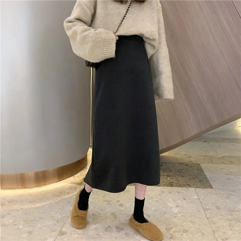 Новинка, кашемировая длинная юбка, высокая талия, шерстяная юбка, Женский консервативный стиль, сплошной цвет, свободные юбки