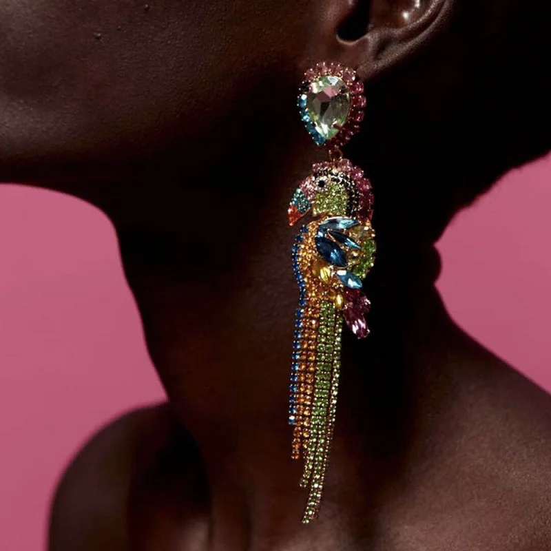

Exknl ZA Crystal Bird Parrot Earrings Statement Drop Earrings Women Long Tassel Dangle Earrings Wedding Party Jewelry 2019 INS