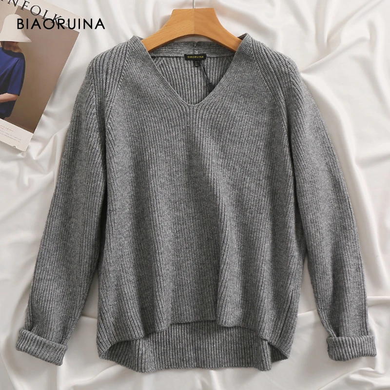 BIAORUINA, 4 цвета, Женский однотонный сексуальный Свободный вязаный свитер с v-образным вырезом, Женский Повседневный осенне-зимний пуловер, базовые свитера большого размера