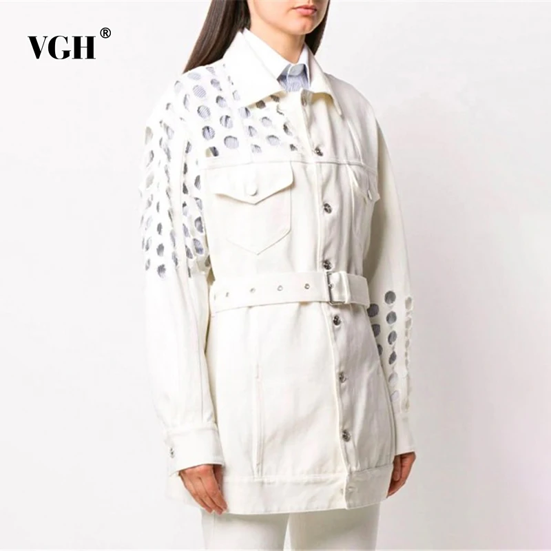 

VGH Hollow Out Jackets For Women Lapel Collar Long Sleeve High Waist Sashes Patchwork Denim Coats Female 2020 Fashion New Style